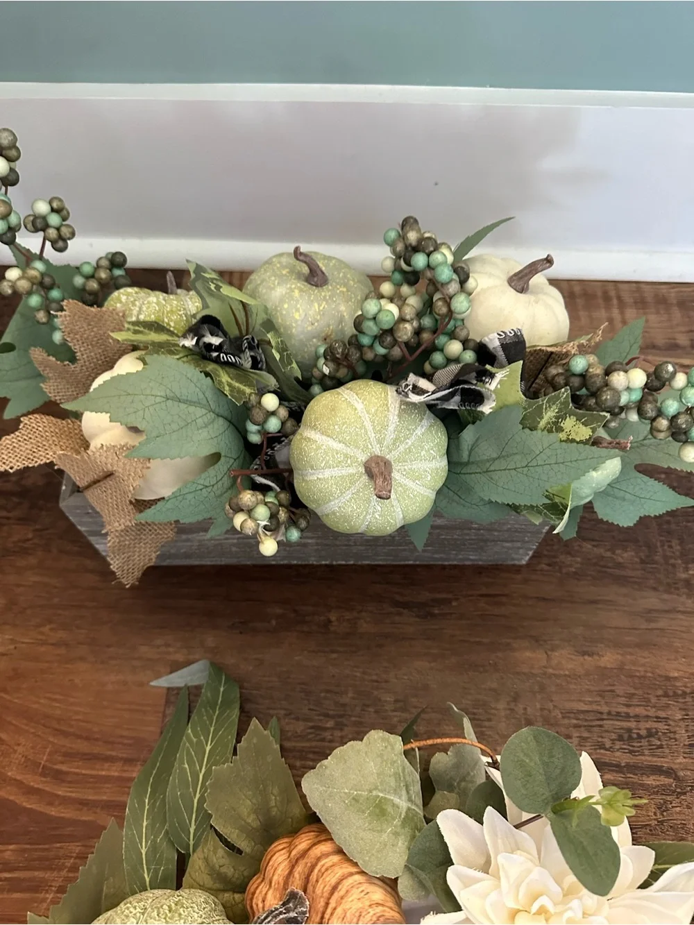 Neutral Autumn Floral Wreath with Mini Pumpkin Accents